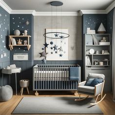 a baby's room decorated in blue and grey with stars on the wall, rocking chair, crib, bookshelf and rug