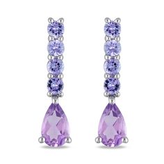 These lovely amethyst and tanzanite drop earrings will add a stunning pop of color to your formal or everyday style. Crafted in sterling silver, each earring boasts a pear-cut, purple amethyst that drops from a straight line of four round, violet tanzanites. Each earring measures 22mm in length and secures with a push-back closure. The amethysts each measure 8x5mm and each of the tanzanites measure 3mm. Formal Tanzanite Teardrop Earrings, Lavender Drop Earrings For Formal Occasions, Formal Lavender Earrings, Formal Lavender Amethyst Earrings, Elegant Lavender Earrings With Gemstone Accents, Formal Lavender Fine Jewelry Earrings, Formal Lavender Gemstone Earrings, Lavender Fine Jewelry Earrings For Formal Occasions, Elegant Amethyst Teardrop Earrings