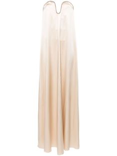 light beige silk satin weave sweetheart neck bustier-style neckline strapless rhinestone embellishment full lining long length curved hem concealed rear zip fastening Luxury Strapless Satin Dress, Silk Floor-length Strapless Dress For Prom, Silk Strapless Dress With Satin Finish For Formal Occasions, Luxury Satin Strapless Evening Dress, Elegant Silk Strapless Floor-length Dress, Chic Silk Strapless Floor-length Dress, Glamorous Satin Maxi Length Slip Dress, Silk Long Slip Dress For Prom, Full-length Satin Slip Dress For Evening