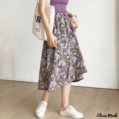 Olivia Mark - Daisy Print High Waist Midi Skirt With Floral Pattern Purple Oil Painting, Stylish Denim Skirt, High Waist Midi Skirt, Floral Handbags, Midi Denim, Skirts Midi High Waisted, Denim Midi Skirt, Daisy Print, Collar Blouse