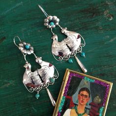 Double Birds with Turquoise Beads Sterling Silver Earring Jewelry Zinnia Folk Arts Traditional Dual-tone Sterling Silver Earrings, Mexican Silver Earrings, Traditional Turquoise Metal Earrings, Silver Oxidized Bohemian Chandelier Earrings, Mexican Silver Jewelry, Mexican Earrings, Bohemian Turquoise Hand-tooled Earrings, Mexican Jewelry, Mens Silver Necklace