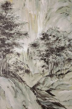 a painting with trees and mountains in the background