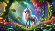 a white unicorn standing in the middle of a forest