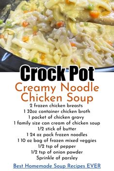 the crock pot creamy noodle chicken soup is ready to be eaten and served