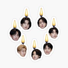 six stickers with candles sticking out of the faces of young men in different poses