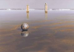 two poles sticking out of the water with one ball in the foreground and another on the ground