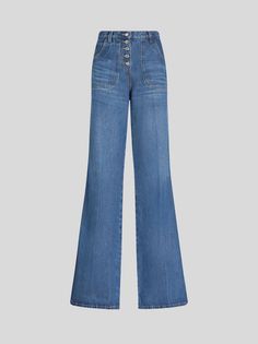 High Waist Denim Flares With Five Pockets, High-waist Denim Blue Flares With Five Pockets, Trendy Wide Leg Flare Jeans With Button Closure, Chic Full Length Flare Jeans With Button Closure, Wide Leg Denim Blue Pants With Buttons, High Rise Flare Jeans With Buttons, Chic Flare Jeans With Buttons, Wide-leg Denim Jeans With Buttons, Chic Wide Leg Jeans With Button Zip Fly