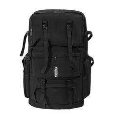 a black backpack with the letter j on it's front and side pockets open