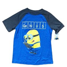 Minions Illumination Entertainment Genius Short Sleeve T-Shirt. Despicable Me Minion Made Royal Blue Heather And Charcoal Grey Nwt Boys Small (8) Blue School Tops With Character Print, Blue Character Print Tops For School, Blue Character Print School Tops, Minion Shirts, Illumination Entertainment, Despicable Me, Big Boys, Blue Shirt, Minion