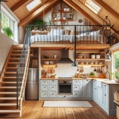 a kitchen with stairs leading up to the upper floor and an open loft above it