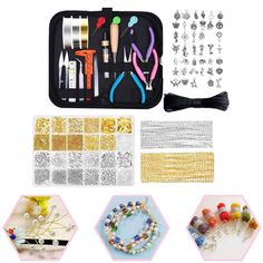 an assortment of crafting supplies including beads, bracelets and other items