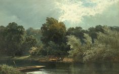 a painting of a river with boats on the water and trees in the background,