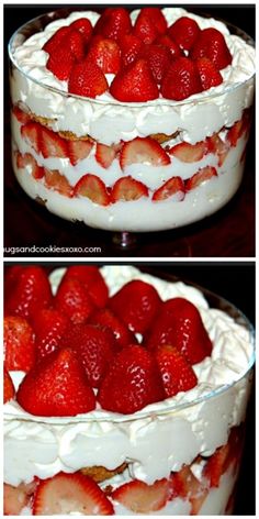 two pictures of strawberries in a trifle with white icing and whipped cream