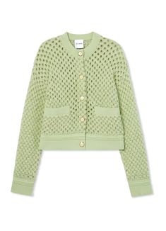 a green cardigan sweater with holes on the sleeves and buttons, in front of a white background