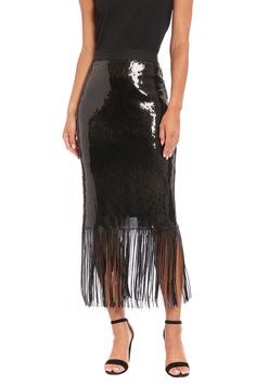 Make a dazzling statement in our Chelsea sequin fringe midi skirt. This show-stopping piece features an alluring sequin-covered body that catches the light with every move, culminating in a playful fringe hem that swings as you walk. Perfect for New Year's Eve parties, cocktail soirées, or any event where you want to shine. For a more subdued look, team it with a simple silk camisole. The Chelsea skirt effortlessly transitions from dinner to the dance floor, ensuring you're the muse of every occ Fringe Midi Skirt, Sequin Fringe Skirt, Skirt Fringe, Lulu Skirt, Sequin Midi Skirt, Midi Skirt Black, Satin Midi Skirt, Illusion Dress, Silk Camisole