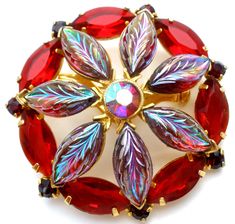 Vintage Costume Jewelry - This is a round gold tone brooch with ruby red and molded purple aurora borealis rhinestones. It is slightly concave and almost 2" in diameter. Red Round Brooch Jewelry, Purple Aurora, Purple Rhinestone, Rhinestone Brooches, Vintage Costume Jewelry, Aurora Borealis, Vintage Costumes, Ruby Red, Red Purple