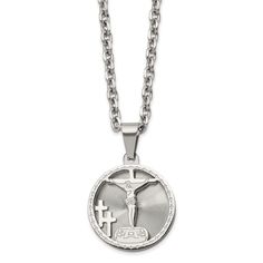 Celebrate and honor all special occasions with jewelry of religious significance! Our collection of spiritually inspired designs that show faith, hope and devotion are perfect for commemorating life's milestones. This polished and laser cut stainless steel necklace features a round crucifix pendant that is approximately 26mm (1 inch) in width by 37mm (1 7/16 inch) in length, which includes the bail. It hangs on a 2.9mm width by 24-inch-long polished cable chain that closes with a fancy lobster c Crucifix Necklace, Necklace Packaging, Cable Chain Necklace, Stainless Steel Polish, Bow Jewelry, White Necklace, Jewelry Companies, Stainless Steel Necklace, Cable Chain