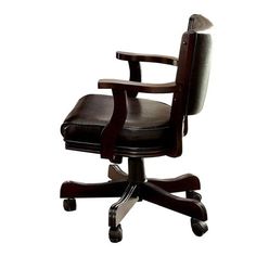 an office chair with armrests and leather upholstered seat, viewed from the front