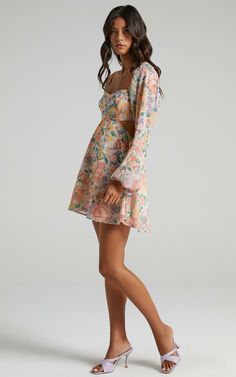 Ebonee Long Puff Sleeve Mini Dress in Flower Crown | Showpo USA Puff Sleeve Mini Dress, Mini Skirt Dress, Senior Picture Outfits, Bridal Shower Dress, Cut Out Dress, Shower Dresses, Evening Outfits, Out Dress, Long Puff Sleeves