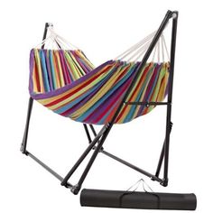 a multicolored hammock with black stand