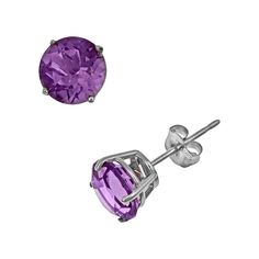 Earring Details: Diameter: 7 mm Backings: post Metal: rhodium-plated sterling silver Stone Details: Stone type: genuine African amethyst Cut: round Setting: prong  Size: One Size. Color: Purple. Gender: female. Age Group: adult. Classic Round Amethyst Earrings, Formal Purple Round Earrings, Lavender Amethyst Round Earrings, Purple Sterling Silver Earrings With Prong Setting, Classic Purple Round Stone Jewelry, Purple Amethyst Earrings With Prong Setting, Purple Birthstone Earrings For Formal Occasions, Classic Purple Jewelry With Matching Earrings, Formal Purple Birthstone Earrings