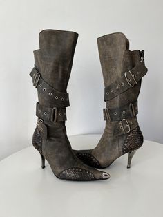 Unique Leather Belted Distressed Boots -size on tag 37 -good condition - damage on the heel (see the photo) Distressed Boots, Y2k Boots, Distressed Leather Boots, Metallic Heels, Distressed Leather, Visual Merchandising, Wild West, Boot Shoes Women, Python