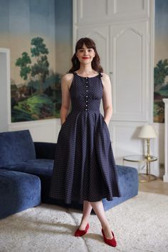 Corie Tie Strap Midi Dress – Gaâla Midi Dress With Flats, Tea Dress Outfit, Modern Audrey Hepburn, 1950s Silhouette, Tie Strap Midi Dress, Buttons And Bows, Dress With Flats, Wide Skirt, Audrey Hepburn Style