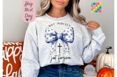 Toile De Jouy Coquette Bow Sweatshirt, Not Perfect Just Forgiven Bow Sweatshirt, Blue Blue Ribbon Sweatshirt, Aesthetic Christian Sweatshirt Hello! First of all thank you for being here and checking out our finest t-shirt designs. In order to provide you best service, we are using the quality materials and beautiful designs. You can always contact us. HOW TO ORDER T-SHIRT * Select your t-shirt color * Select your size * Select your design text color * Click Add to Chart *And wait until the deliv Not Perfect Just Forgiven, Bow Sweatshirt, Aesthetic Christian, Sweatshirt Aesthetic, Christian Sweatshirt, Design Text, Coquette Bow, Not Perfect, Blue Ribbon