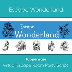 the escape wonderland logo with other images and words in blue, white, and black