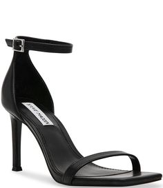 From Steve Madden&#x2C; the Piked Leather Ankle Strap Dress Sandals feature:leather upperAnkle strap with adjustable buckle closureSynthetic liningSynthetic outsoleApprox. 3.5" heel heightImported. Sleek Single Strap Ankle Heels, Sleek Single Strap Ankle Sandals, Formal Single Strap Sandals For Spring, Spring Formal Single Strap Sandals, Black Leather Sandals With Single Strap, Chic Ankle Strap Sandals With Buckle, Black Leather Single Strap Sandals, Sleek Ankle Strap Sandals With Buckle Closure, Leather Heels With Single Strap For Evening