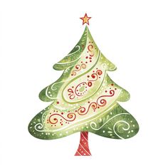 a watercolor christmas tree with swirls and stars on it's top, against a white background