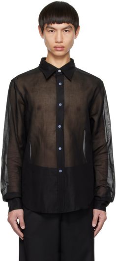 Semi-sheer cotton organza shirt. · Spread collar · Button closure · Shirttail hem · Single-button barrel cuffs Supplier color: Black Men Goth Style, Unbuttoned Shirt Men, Black Button Up, Goth Boy Aesthetic, Trad Goth Fashion, Gothic Dinner, Goth Birthday, Genderfluid Fashion, Black Acne