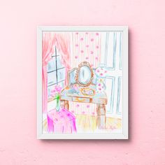 a pink wall with a drawing of a dressing table and mirror on it, in front of a window