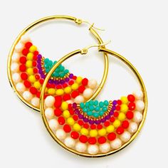 Gorgeous Teals, Purples, Yellows, And Oranges Make These Beaded Statement Earrings A Work Of Art! 2.3 Inches Boho Style Vintage Gold New Gift With Purchase Gold Beaded Small Hoop Earrings For Summer, Bohemian Multicolor Hoop Earrings, Colorful Hoop Earrings For Summer, Colorful Hoop Summer Earrings, Multicolor Vibrant Jewelry With Ear Wire, Summer Rainbow Jewelry With Dangling Beads, Gold Beaded Hoop Earrings For The Beach, Vibrant Multicolor Jewelry With Ear Wire, Vibrant Multicolor Earrings