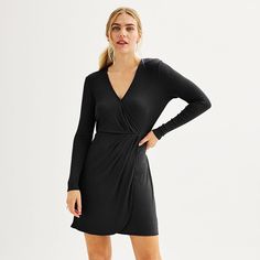 Enjoy great style with this Long Sleeve Wrap Dress from Nine West.Click on this WOMEN'S GUIDE to find the perfect fit and more! Enjoy great style with this Long Sleeve Wrap Dress from Nine West. Click on this WOMEN'S GUIDE to find the perfect fit and more! FEATURES Faux-wrap silhouette V-neck Long sleeves Hook & loop front UnlinedFIT & SIZING Regular fit 36 1/2-in. length from shoulder to hem Midi length hits below the kneeFABRIC & CARE Polyester, spandex Machine wash Imported Size: Large. Color Black Long Sleeve Wrap Dress For Date Night, Black Wrap Dress With Surplice Neckline For Fall, Black Long Sleeve Wrap Dress For Fall, Chic Black Long Sleeve Wrap Dress, Casual Fitted Long Sleeve Wrap Dress, Black Mini Dress With Surplice Neckline For Work, Fitted Black Wrap Dress For Fall, Black Wrap Dress For Date Night In Fall, Black Wrap Dress With Surplice Neckline