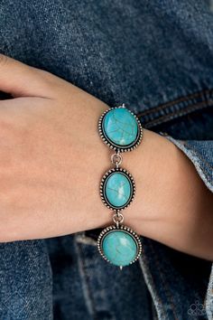 A collection of smoothly polished turquoise stones are pressed into studded oval silver frames that delicately link across the wrist for a colorfully rustic look. Sold as one individual bracelet. Ring Texture, Paparazzi Fashion, Paparazzi Accessories Jewelry, Textured Bracelet, River View, Rustic Frames, Silver Frames, River Valley, Trendy Collection