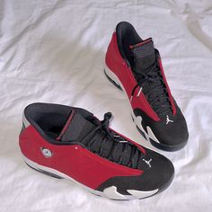 Air Jordan 14 Retro. Black/Gym Red-White-Off White. Size 14. Nwt. Low-top Jordan Shoes With Contrast Sole For Sports, Sporty Jordan Shoes With Contrast Sole For Sports, Jordan Running Shoes With Rubber Sole, Jordan Slip-on Shoes With Boost Midsole For Sports, Low-top Training Sneakers With Red Sole, Red Sole Low-top Training Sneakers, Slip-on Jordan Shoes With Boost Midsole For Sports, Jordan Slip-on Sports Shoes With Branded Insole, Red Low-top Custom Sneakers For Training