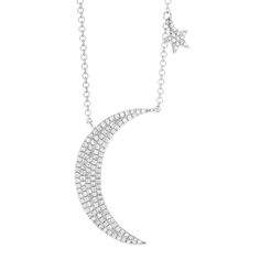 "14kt gold, total weight approx. 2.5 grams, Single-cut round diamonds total weight 0.28 ct. G-H color, SI2 clarity. GIA standards Crescent moon and star necklace is the perfect statement necklace for any occasion & has just the right amount of bLing. This necklace is currently available in your choice of 14k yellow, white or pink gold and comes on an adjustable 16\" --> 17\" --> 18\" cable chain with barrel clasp. **Specifics** 14kt gold, total weight approx. 2.5 grams Single-cut round Fine Diamond Moon Shaped Jewelry, Celestial Diamond Necklace With Diamond Accents, Moon-shaped Single Cut Diamond Jewelry, Celestial Round Diamond Necklace With Accents, Moon Shaped Single Cut Diamond Jewelry, Celestial White Gold Diamond Necklace With Diamond Accents, White Crescent Diamond Jewelry, Celestial Diamond White Jewelry, Celestial Diamond Necklace With Diamond Accents For Anniversary