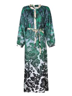 Belt waistband. Front button fastening. Long sleeves. All-over pint. Two side pockets.Composition: 100% Silk Barbour Steve Mcqueen, Zimmermann Dress, Pleats Please Issey Miyake, Luxury Boutique, Silk Dress, Nightwear, Green Dress, Day Dresses, Dress To Impress