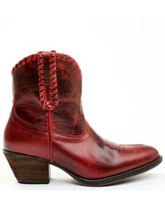 Shyanne Women's Sawyer Omaha Goat Western Fashion Booties - Round Toe , Red Western Style Booties With Medium Width, Red Heeled Boots For Rodeo, Western Almond Toe Heels For Fall, Red Round Toe Heeled Boots For Rodeo, Western Style Medium Width Heels For Fall, Leather Round Toe Booties For Rodeo, Fitted Leather Booties, Western Snip Toe Fitted Heels, Western Snip Toe Heels