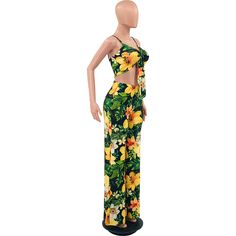 Floral Tie Front Crop Top Wide Leg Pants Beach Outfits Casual Floral Print Pants For Vacation, Tropical Wide Leg Vacation Bottoms, Green Floral Print Bottoms For Vacation, Summer Beach Pants With Floral Print, Chic Tropical Print Jumpsuits And Rompers For Vacation, Green Floral Print Vacation Bottoms, Chic Tropical Print Jumpsuit For Vacation, Printed Pants For Beach Vacation, Chic Printed Vacation Pants