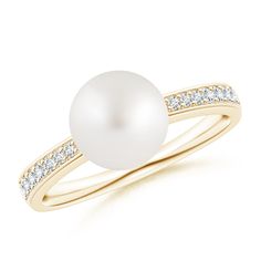 This elegant solitaire ring in 14k yellow gold displays a South Sea cultured pearl, set on a reverse tapered shank. The shank is encrusted with graduating pavé-set round diamonds that dazzle endlessly. Cultured Pearl Ring, Golden South Sea Pearls, Double Diamond, Sea Pearl, Akoya Pearls, South Sea Pearls, Pearl Ring, Cultured Pearls, Solitaire Ring