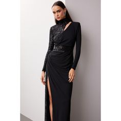 Black jersey (95% Polyester, 5% Spandex). A-line. Long sleeves. Mock neck. Imported. Formal Black Dress, Colorful Shoes, Black Jersey, Rent The Runway, Closet Designs, Crepe Dress, Mock Neck, Evening Gowns, Sequin