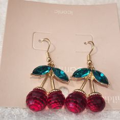 These Are Classic Red Cherry Earrings Red And Green Faceted Glass On Gold Tone Jewelry Metal. Red And Green Jewelry, Cherry Colored Earrings For Summer Party, Cherry Color Earrings For Summer Party, Party Cherry Earrings, Trendy Red Earrings For Summer, Trendy Red Party Earrings, Cherry Party Jewelry For Pierced Ears, Red Summer Party Jewelry, Trendy Red Drop Earrings