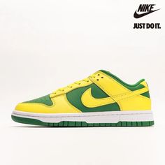 Nike Dunk Low 'Reverse Brazil' DV0833-300-DUNK LOW-The Nike Dunk Low ‘Reverse Brazil’ delivers a color-flipped version of the classic 2001 colorway. The low-profile silhouette dons a two-tone leather upper, featuring a lush Apple Green base with contrasti Classic Green Custom Sneakers For Streetwear, Green Throwback Sneakers For Streetwear, Retro Green Custom Sneakers For Streetwear, Retro Green Custom Sneakers With Boost Midsole, Classic Green Skate Shoes For Streetwear, Classic Green Skate Shoes For Sports, Yellow Sneakers With Logo For Streetwear, Yellow Logo Sneakers For Streetwear, Casual Yellow Sneakers With Logo