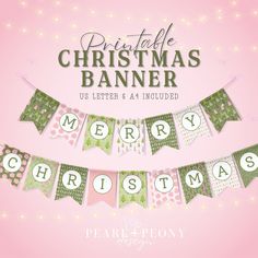 a christmas banner with the words merry christmas hanging from it's sides on a pink background