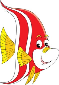 a red fish with yellow stripes on it's head and eyes, looking to the side