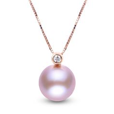 A lustrous pink freshwater cultured pearl rests elegantly beneath a shimmering round diamond accent in this gorgeous women's necklace. Fashioned in 14K rose gold, the 18-inch round box chain secures in place with a spring ring clasp. Rose Gold Round Necklace With Pearl Pendant, Rose Gold Round Pearl Necklace In Fine Jewelry Style, Round Rose Gold Akoya Pearl Jewelry, Fine Jewelry Rose Gold Pearl Necklace, Rose Gold Akoya Pearl Round Jewelry, Rose Gold Pearl Necklace In Fine Jewelry Style, Classic Rose Gold Round Pearl Necklace, Rose Gold Round Pearl Necklace, Round Akoya Pearl Jewelry In Rose Gold