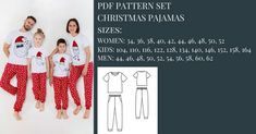 EKsewingPatterns offers SEWING PATTERNS and SHORT INSTRUCTIONS on English for them. EKsewingPatterns is not a Sewing-Masterclass. All sizes are located in one PDF file. Be note: all sewing patterns are without seam allowances and layers. There are two print options. You can print at home using A4/Letter sized paper, or take the A0/Plotter file to a copy shop to be printed on large pages.  Using this PDF pattern you can sew women's, kids and men's pajama set: T-shirts and joggers pants with cuffs, elastic casing and pockets. Skill Level: Intermediate level Two pices pajamas: pajama t-shirt with short sleeve, round neck, and full-length pants with comfortable elastic waistband and pockets. Pajama set is great for sleepwear or lounge wear. PDF file Includes: Measurements and sizes Material In Christmas Cotton Sets, Christmas Cotton Home Sets, Womens Pajama Sewing Pattern, Cotton Sleep Sets For Christmas, Footie Pajamas Pattern Sewing, Women’s Pajama Pattern, Set Sewing Pattern, Mccalls Sewing Patterns Pajamas, Pdf Pattern Child Pajamas