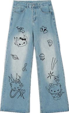 Blue Wide Leg Jeans With Graphic Print, Casual Bottoms With Cartoon Print For Spring, Casual Spring Bottoms With Cartoon Print, Blue Cartoon Print Bottoms For Summer, Cute Blue Pants With Pockets, Casual Denim Blue Pants With Graphic Print, Blue Graphic Print Straight Leg Bottoms, Blue Straight Leg Bottoms With Graphic Print, Blue Graphic Print Y2k Bottoms